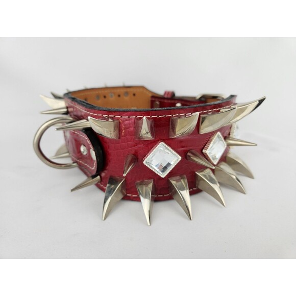 High Quality Genuine Leather Spiked Studded Dog Collar Large Breeds Red‎ Jeweled - Picture 13 of 16